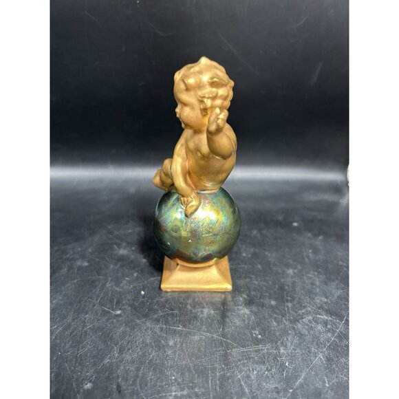 Art Deco 1940 Porcelain Gold Gild Cherub on Opalescent Globe Orb Japan Fine Art - Picture 5 of 9